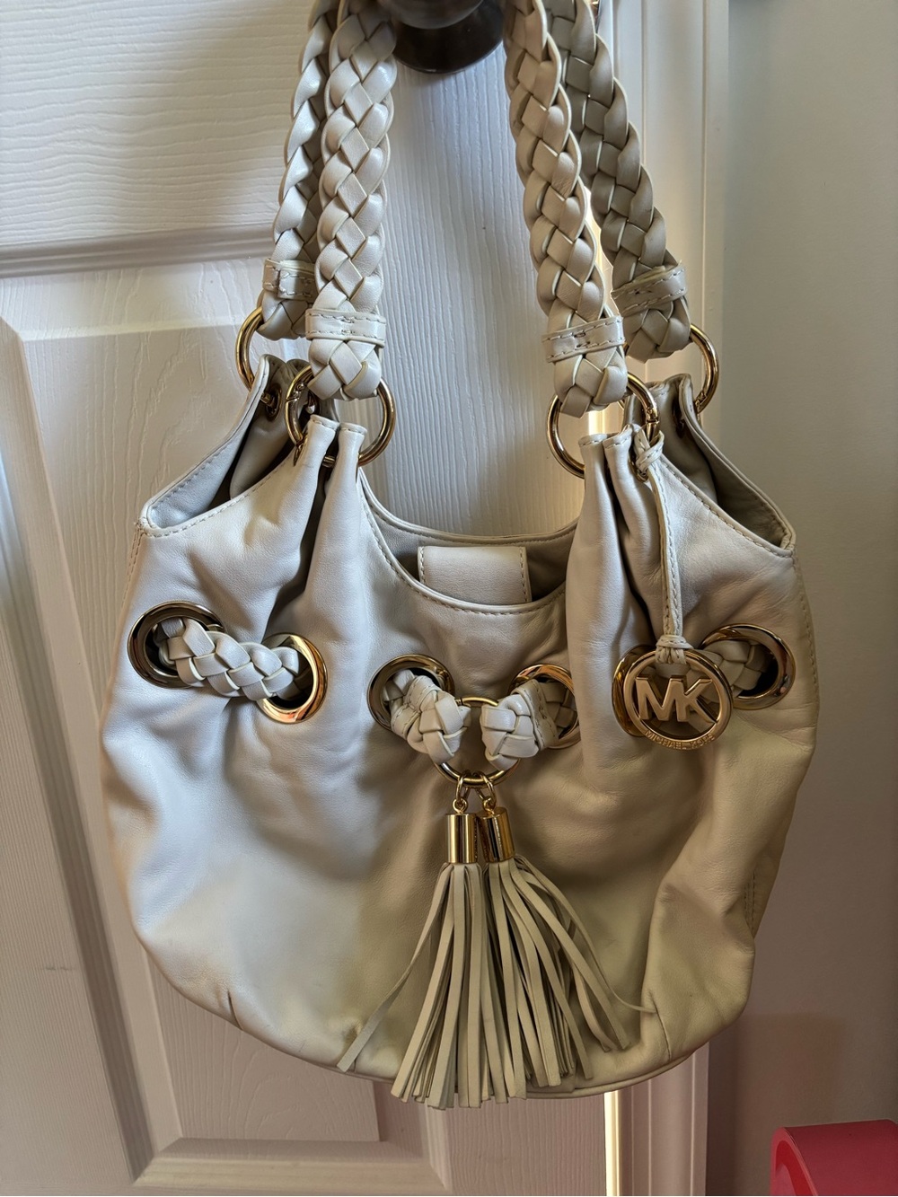Michael Kors Cream Braided Tassel Hobo Bag with Gold Hardware Like New